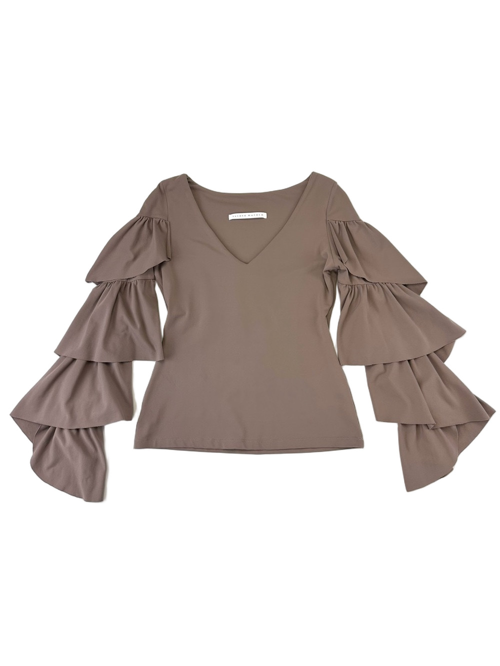 Susana Monaco Taupe Brown V Neck Tiered Ruffle Sleeve Stretch Top S XS Party